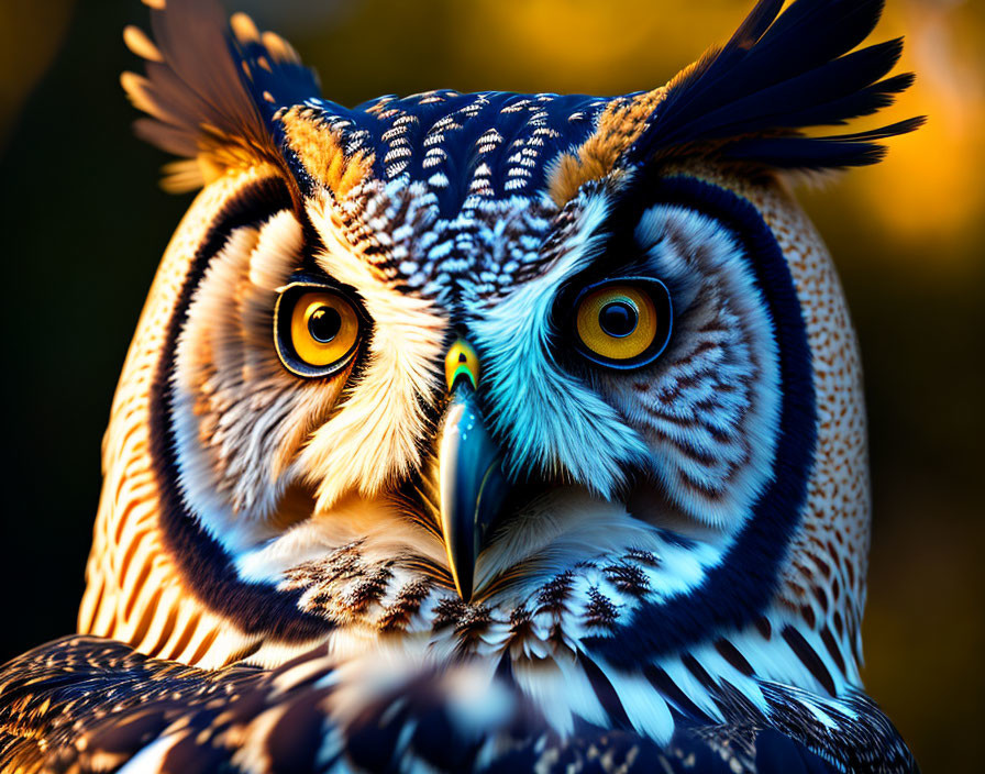 Detailed close-up of owl with vivid yellow eyes and focused gaze