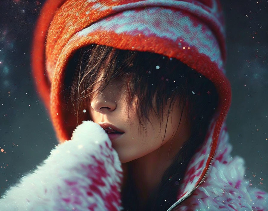 Person in Red and White Hooded Garment with Snowflakes Falling