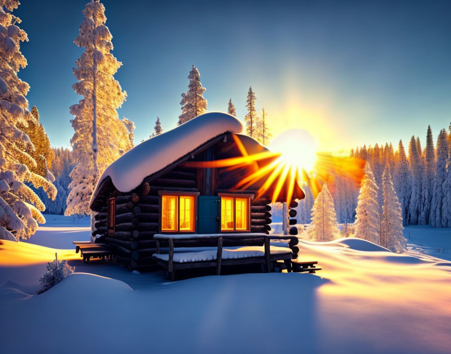 Snow-covered forest scene: Cozy log cabin at sunrise in serene winter setting