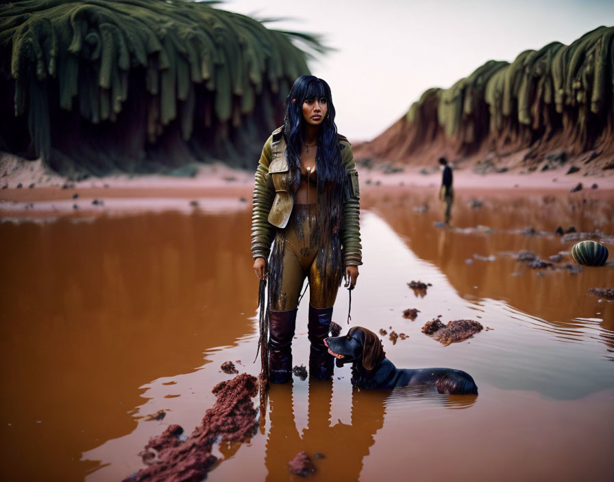 Dark-Haired Figure with Sword in Murky Water and Alien Plants