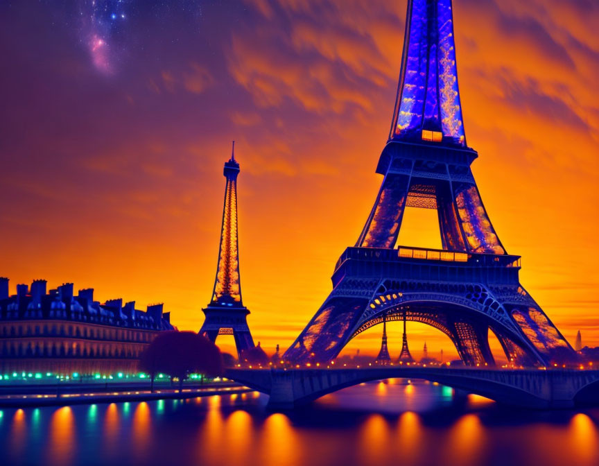 Iconic Eiffel Tower in blue twilight with city lights reflecting on Seine River