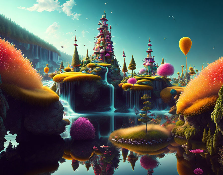 Colorful Fantasy Landscape with Whimsical Trees and Waterfalls