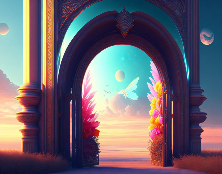 Ornate archway reveals fantasy sky with multiple moons, glowing butterfly, and vibrant flowers