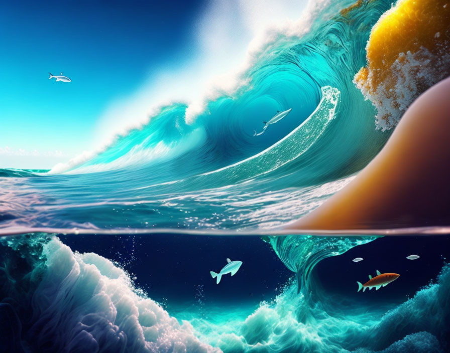 Split-view image of towering ocean wave with birds and surfers above, serene underwater scene below with fish