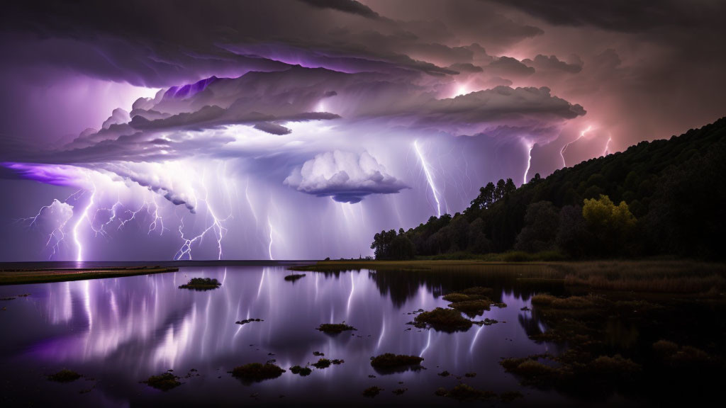 Vivid purple lightning in dramatic storm over calm lake at twilight