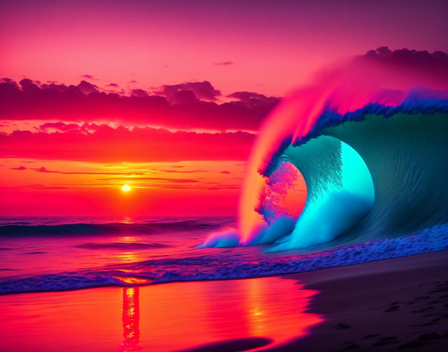 Vibrant magenta and orange sunset over neon-lit beach wave