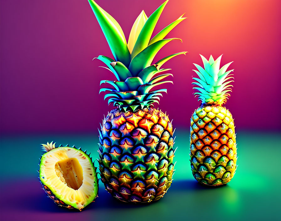 Fresh Pineapples and Slice on Vibrant Pink Green Background