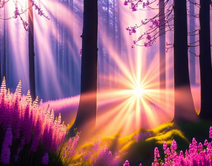 Colorful Forest Sunrise with Purple Flowers and Trees