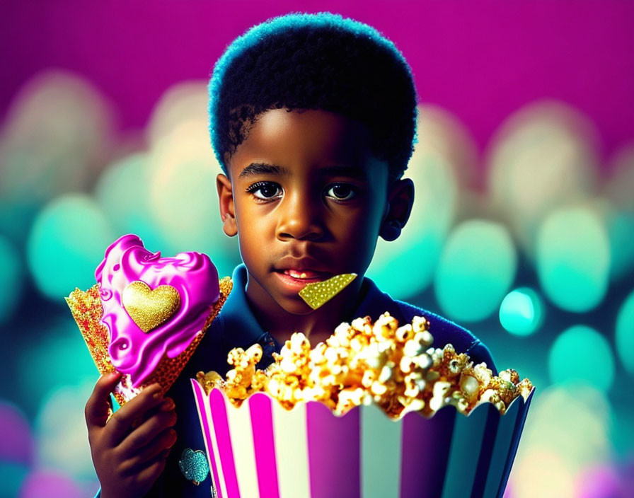 Young boy with heart balloon & popcorn against bokeh background