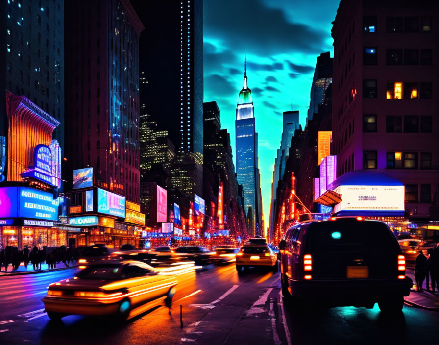 City street night scene with illuminated signs and traffic under blue sky