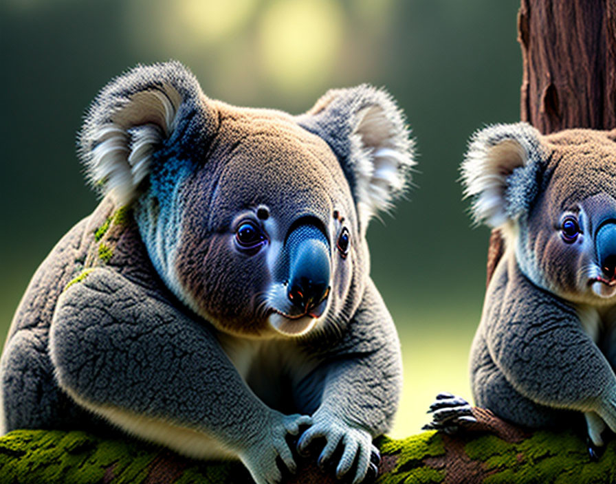 Two koalas on tree branch with green background showcasing fluffy grey fur and black noses