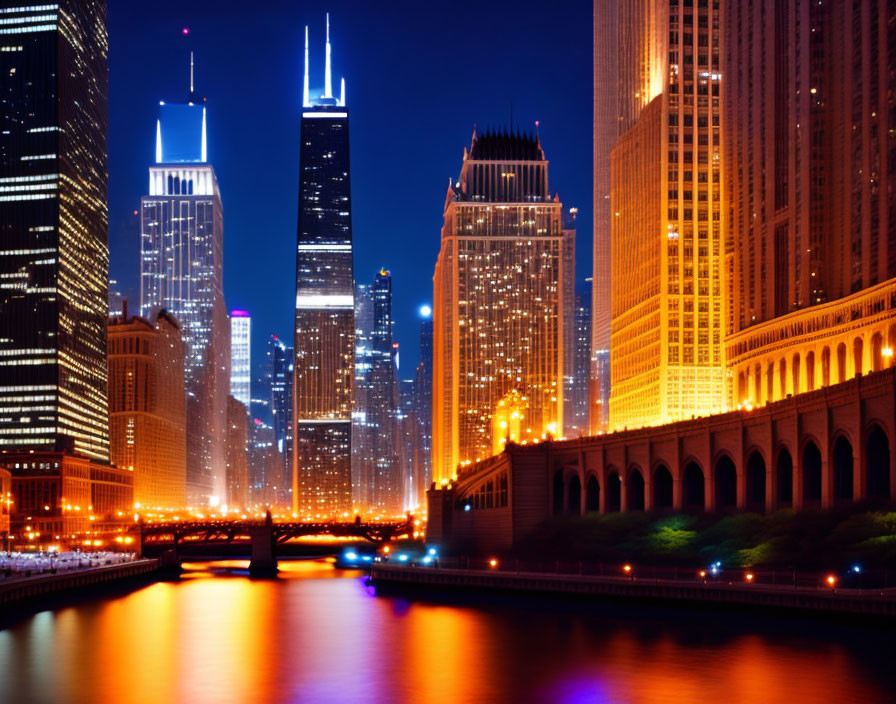 Vibrant nighttime cityscape with illuminated skyscrapers and lit bridge.