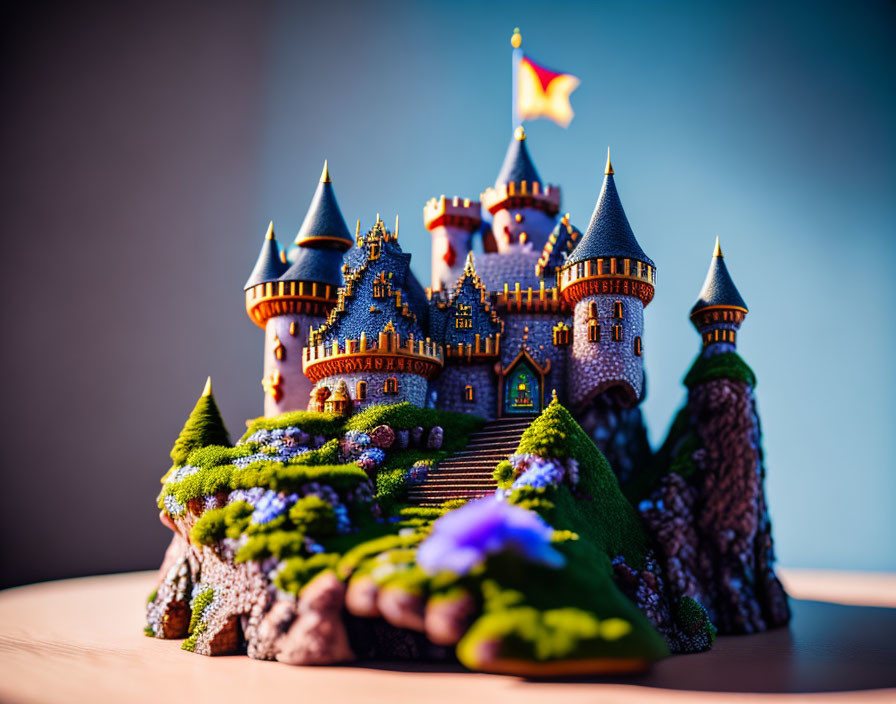 Colorful miniature castle on hill with turrets and flags surrounded by greenery and flowers.