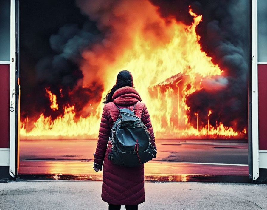 Person in Red Jacket Stands by Building on Fire Advertisement