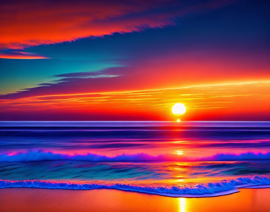 Colorful Sunset Over Ocean Waves with Sun Setting near Horizon