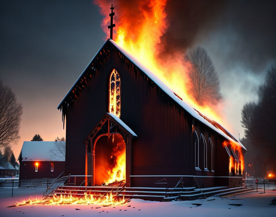 Wooden church on fire at twilight with snowy foreground and smoldering cross