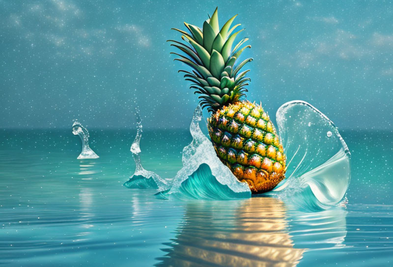 Ripe pineapple in clear blue water with splashes and starry sky