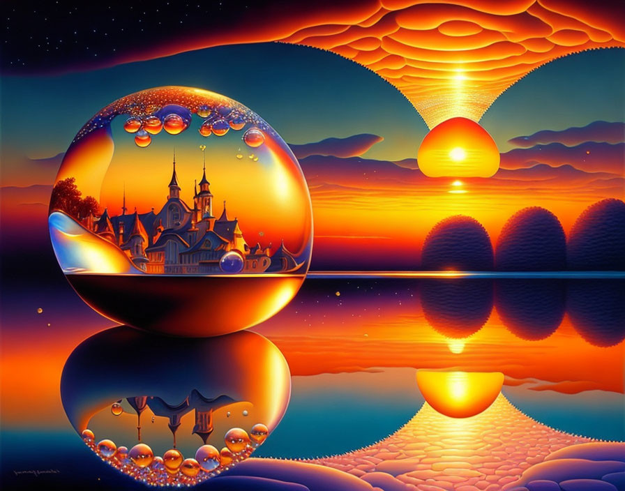 Surreal landscape with reflective spheres and castle under orange sunset