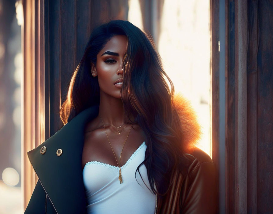 Dark-haired woman in white top and black coat backlit by warm glow near wooden structure