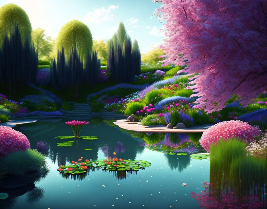 Fantasy garden with willows, pink blossoms, vibrant flowers, pond, lily pads,