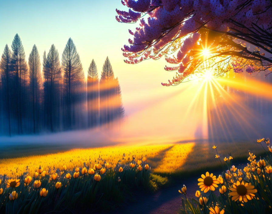 Sunrise with sun rays through trees over blooming tulips and daisies