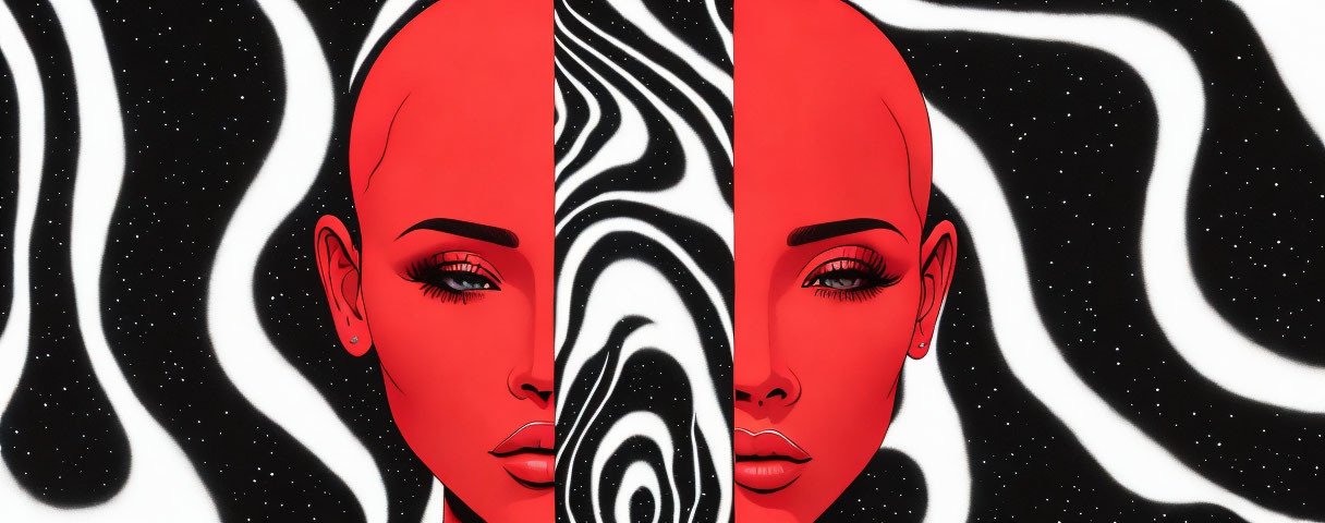 Symmetrical digital artwork: Red faces on black and white backdrop