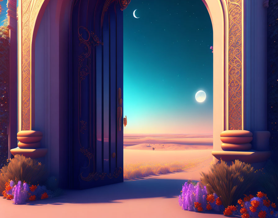 Ornate door in desert twilight with crescent moon and star