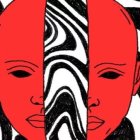 Symmetrical digital artwork: Red faces on black and white backdrop