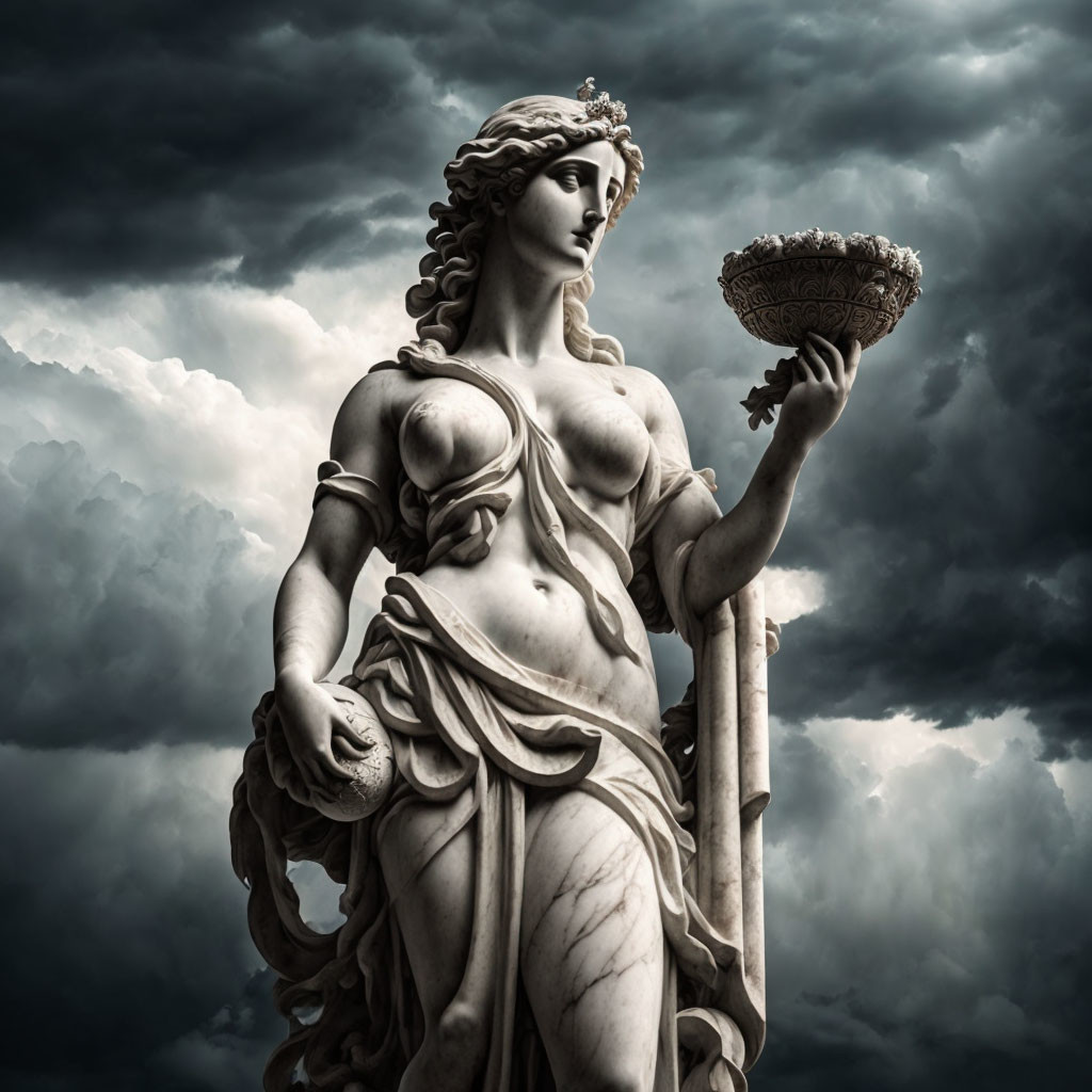 Classical female statue with staff and dish under stormy sky