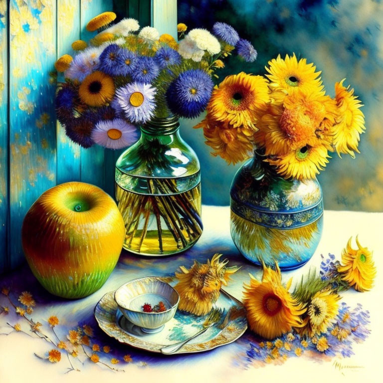 Colorful Still Life Painting with Yellow Flowers, Apple, and Bowl on Blue Background