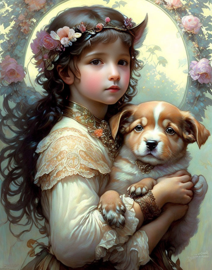 Young girl with floral headband holding puppy in dreamy, classical portrait.