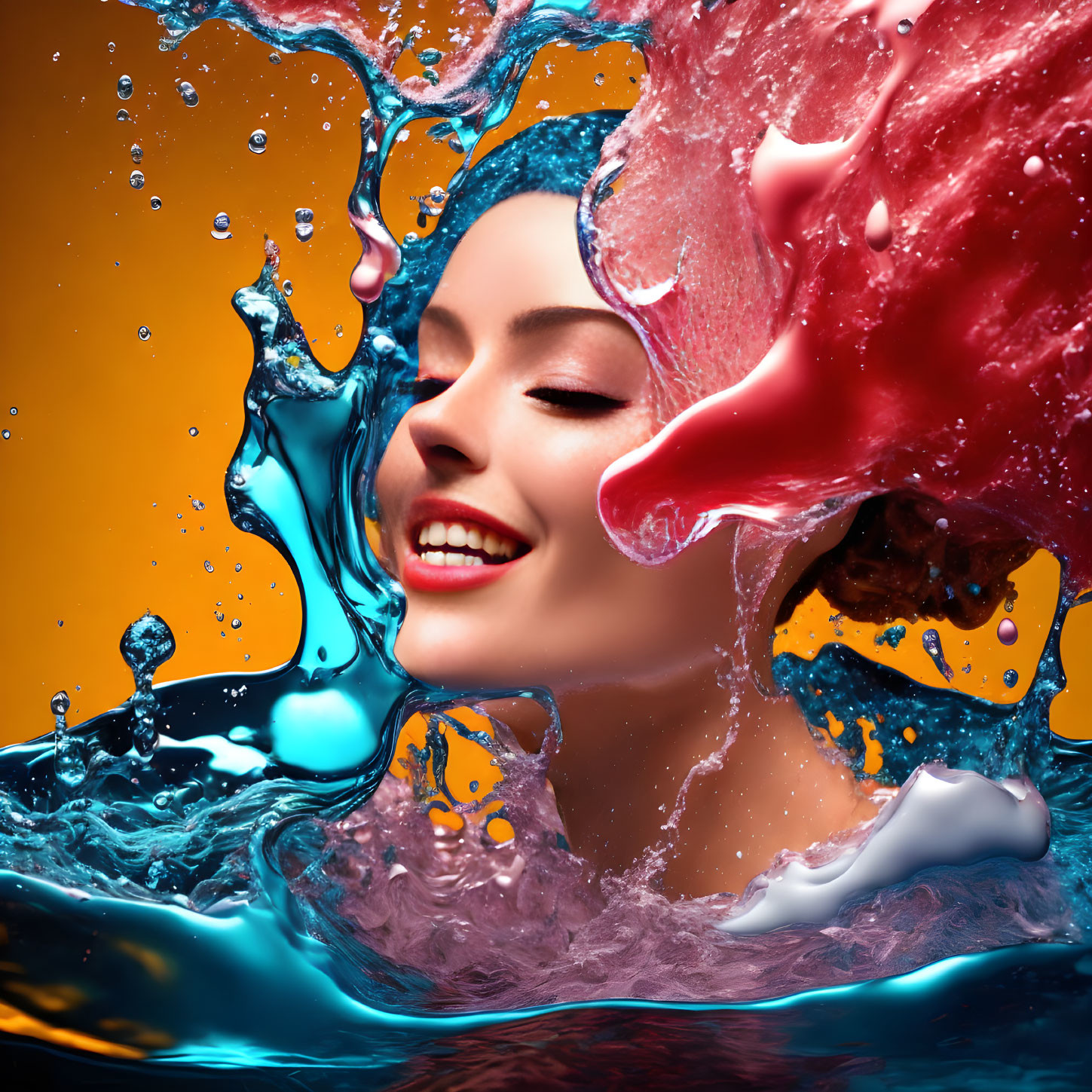 Colorful liquid splashes frame woman's smiling face on warm orange backdrop