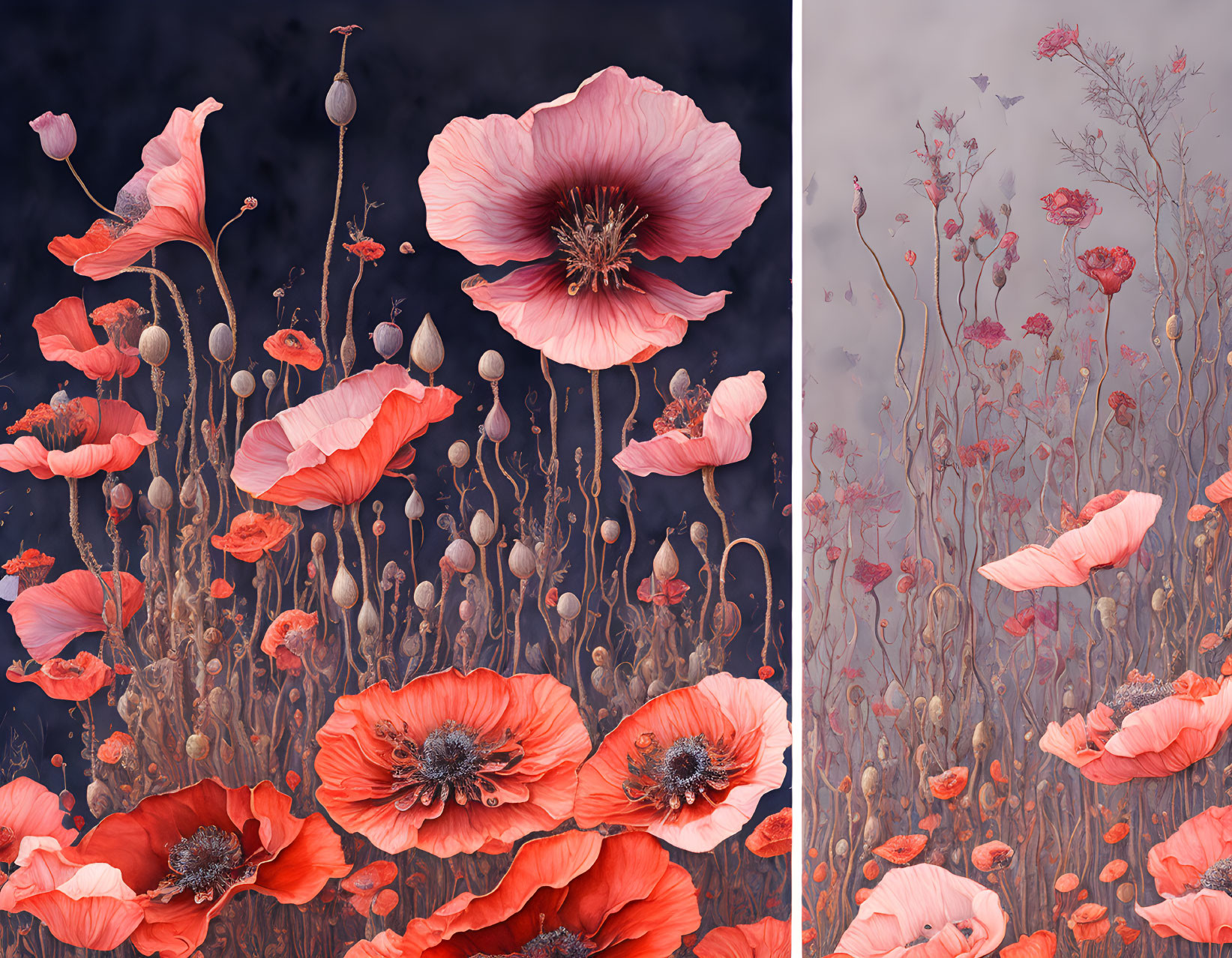 Colorful red poppies on dark to pastel background