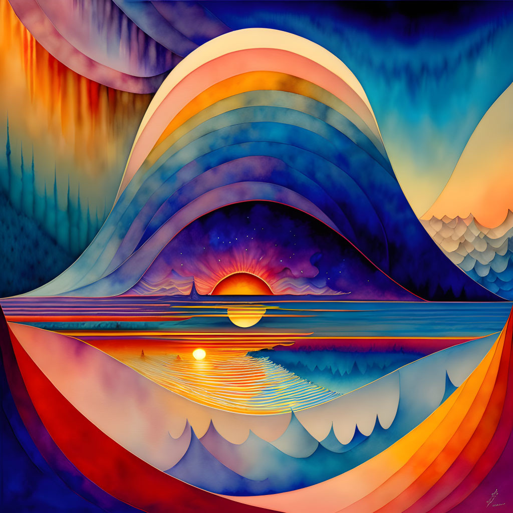 Colorful surreal landscape with sun motif, water reflections, mountains, and gradient sky