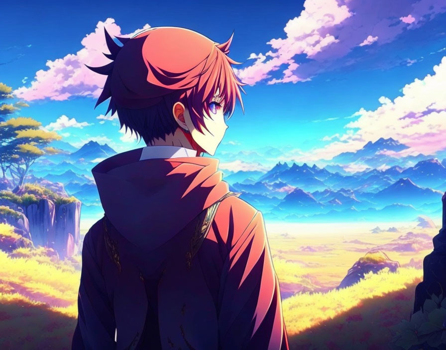 Brown-Haired Anime Character in Scenic Landscape with Mountains, Waterfalls, and Blue Sky