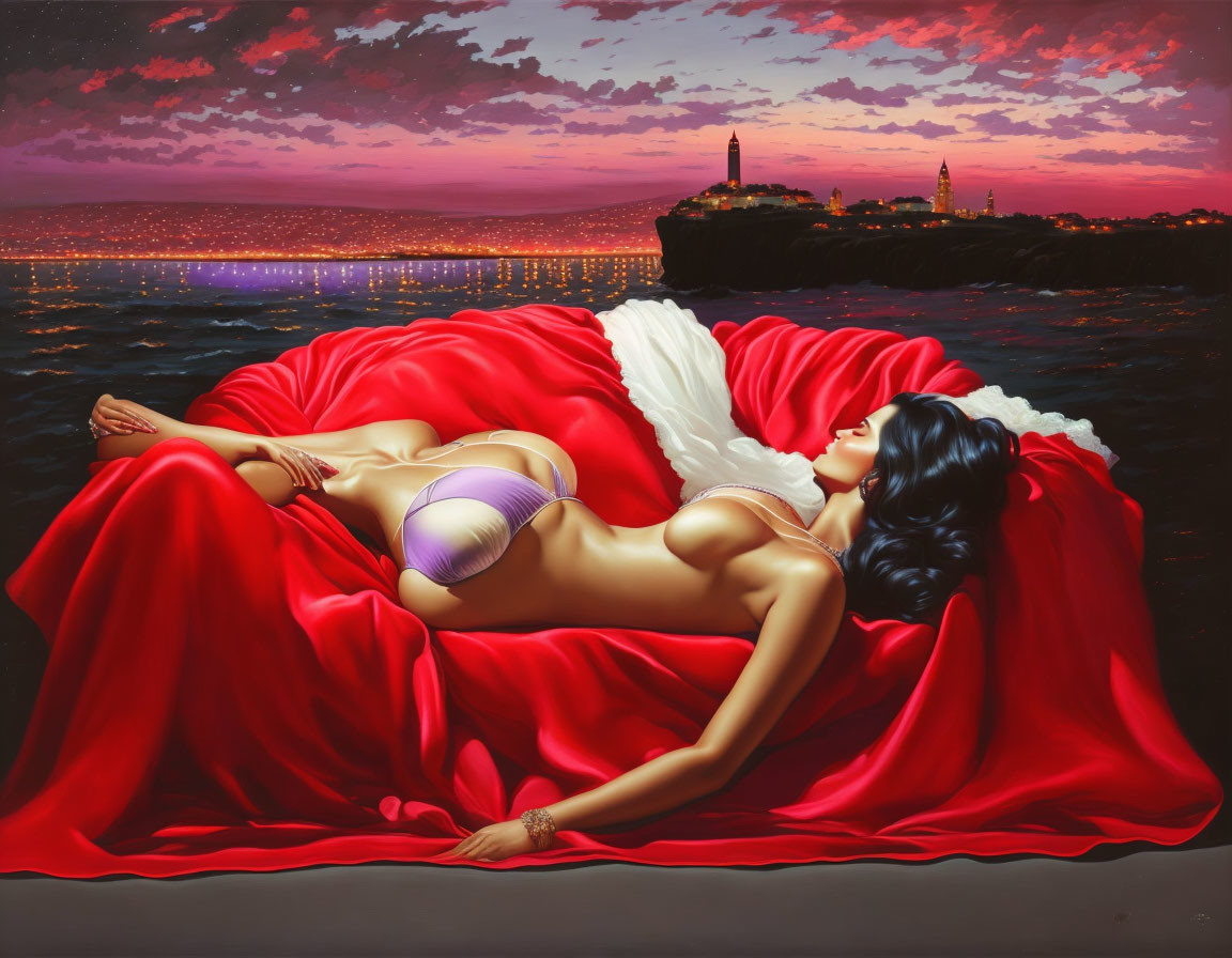 Woman reclining on red fabric overlooking seaside city at sunset with lighthouse