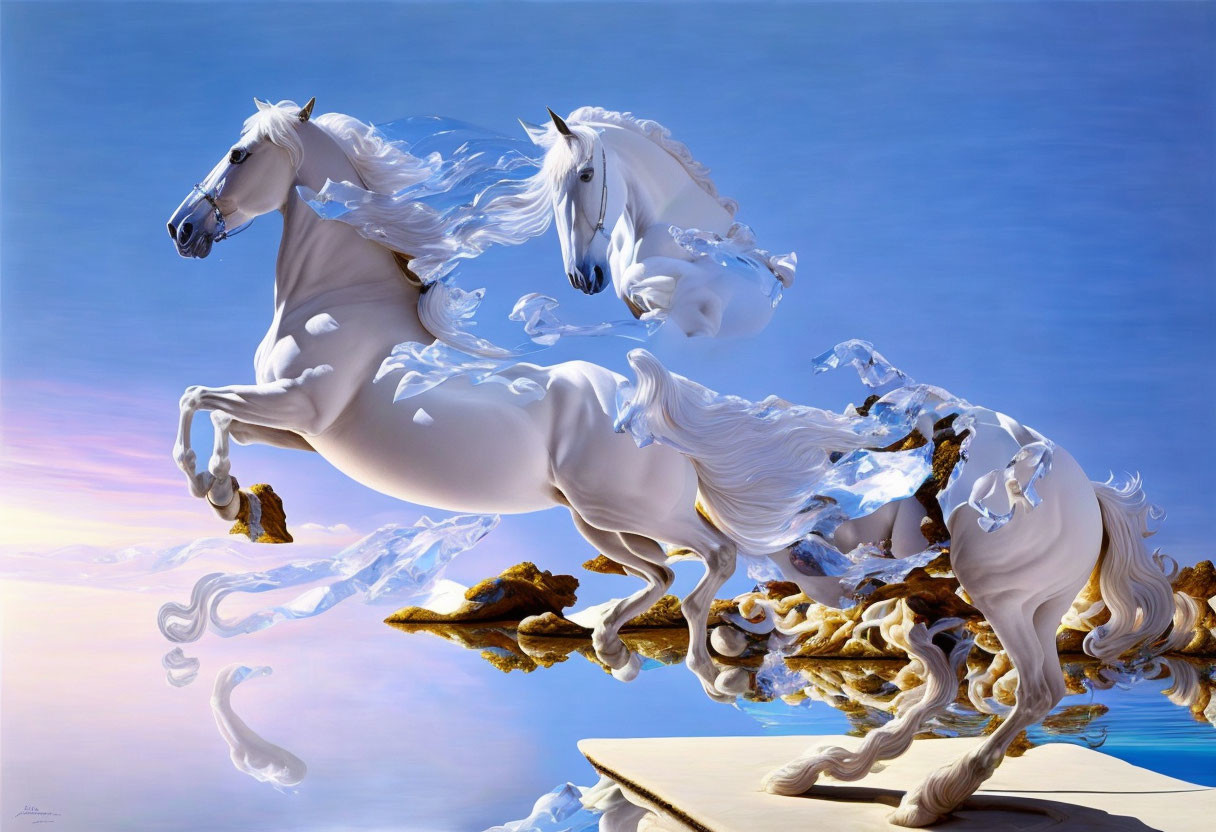 White Horses Transitioning to Vapor Forms in Blue Sky