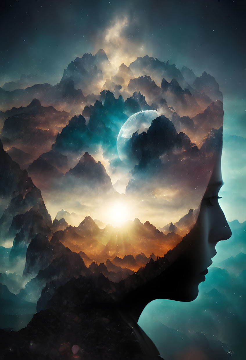 Silhouette profile merges with cosmic clouds, moon, and sun in surreal scene