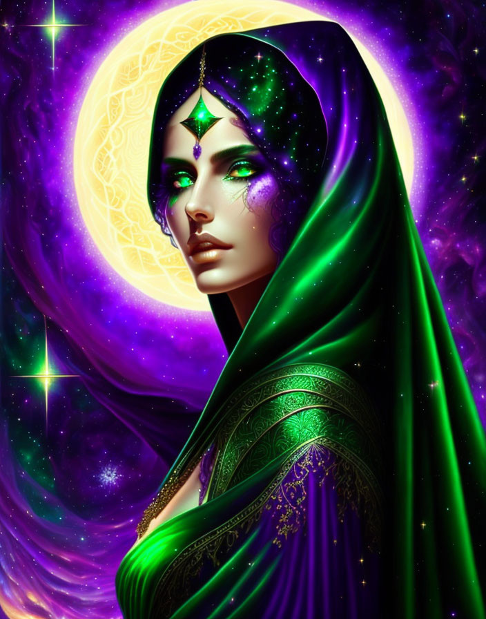 Mystical woman with green and purple hues in cosmic setting