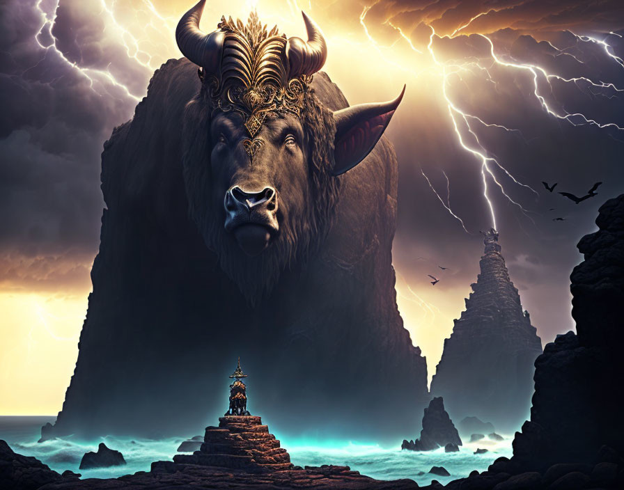 Mythical bison with ornate horns in stormy sea with temple and birds.