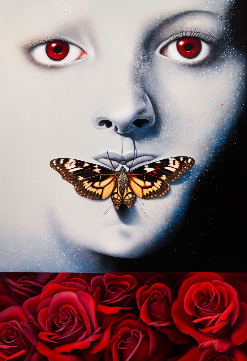 Surreal portrait: grayscale face with vibrant red eyes, butterfly, red roses