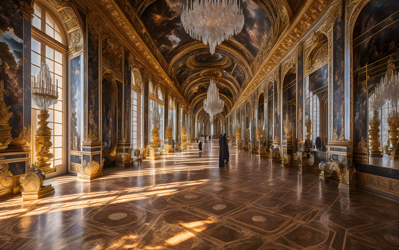 Luxurious Hall with Wooden Floor Designs, Golden Walls, Large Windows, and Chandeliers