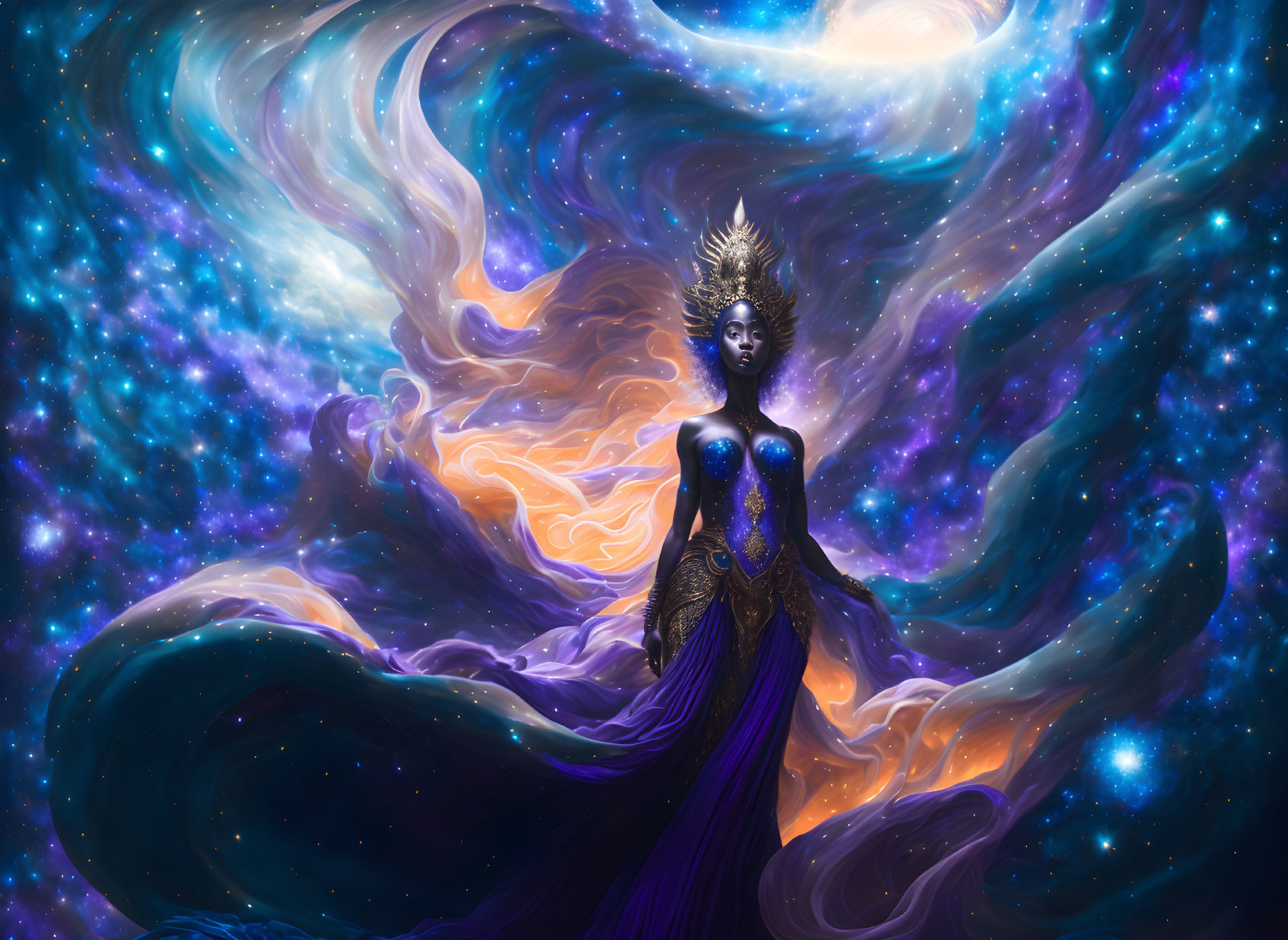 Cosmic entity in regal attire surrounded by galaxies and nebulae