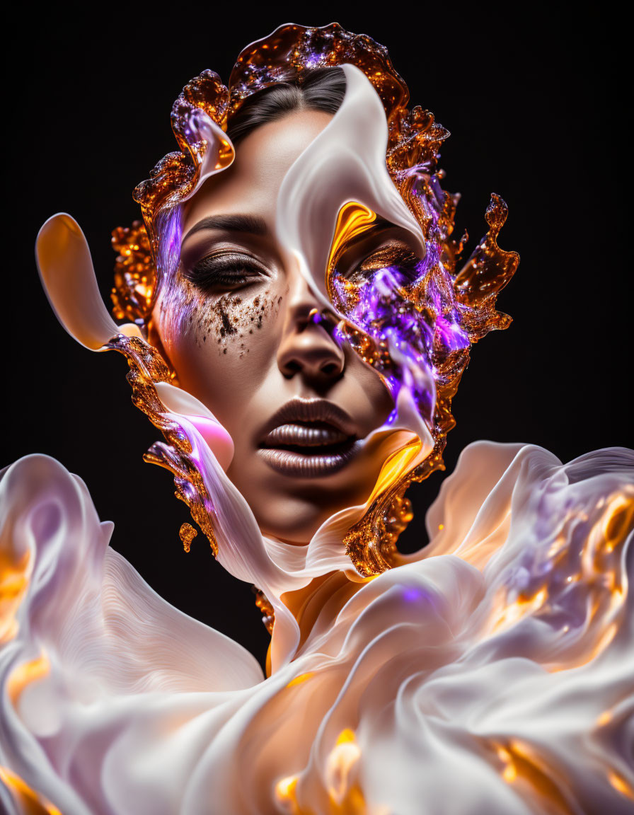 Surreal portrait of woman with flowing fiery elements and warm/cool tones