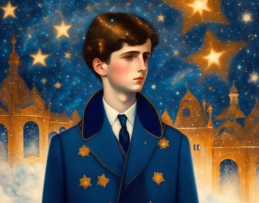 Illustrated portrait of young person in blue jacket with gold stars against starry night sky and buildings silhouette