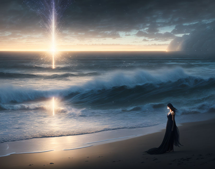 Woman in Long Dress Contemplating Twilight Beach Scene