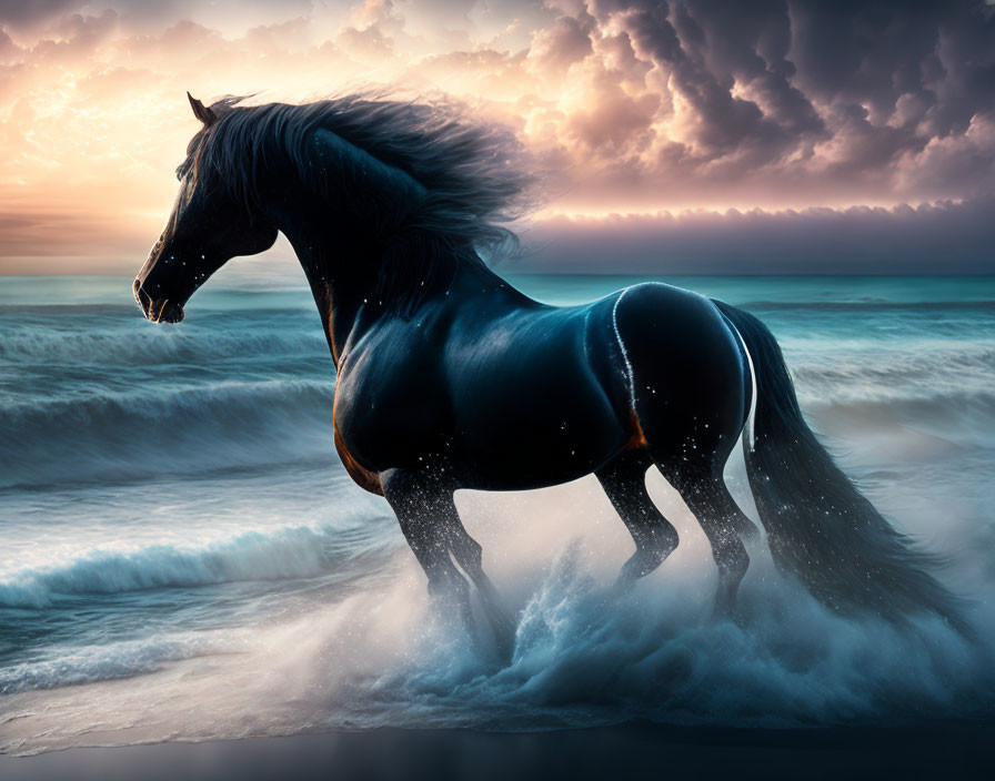 Majestic black horse galloping in shallow ocean waters at sunset