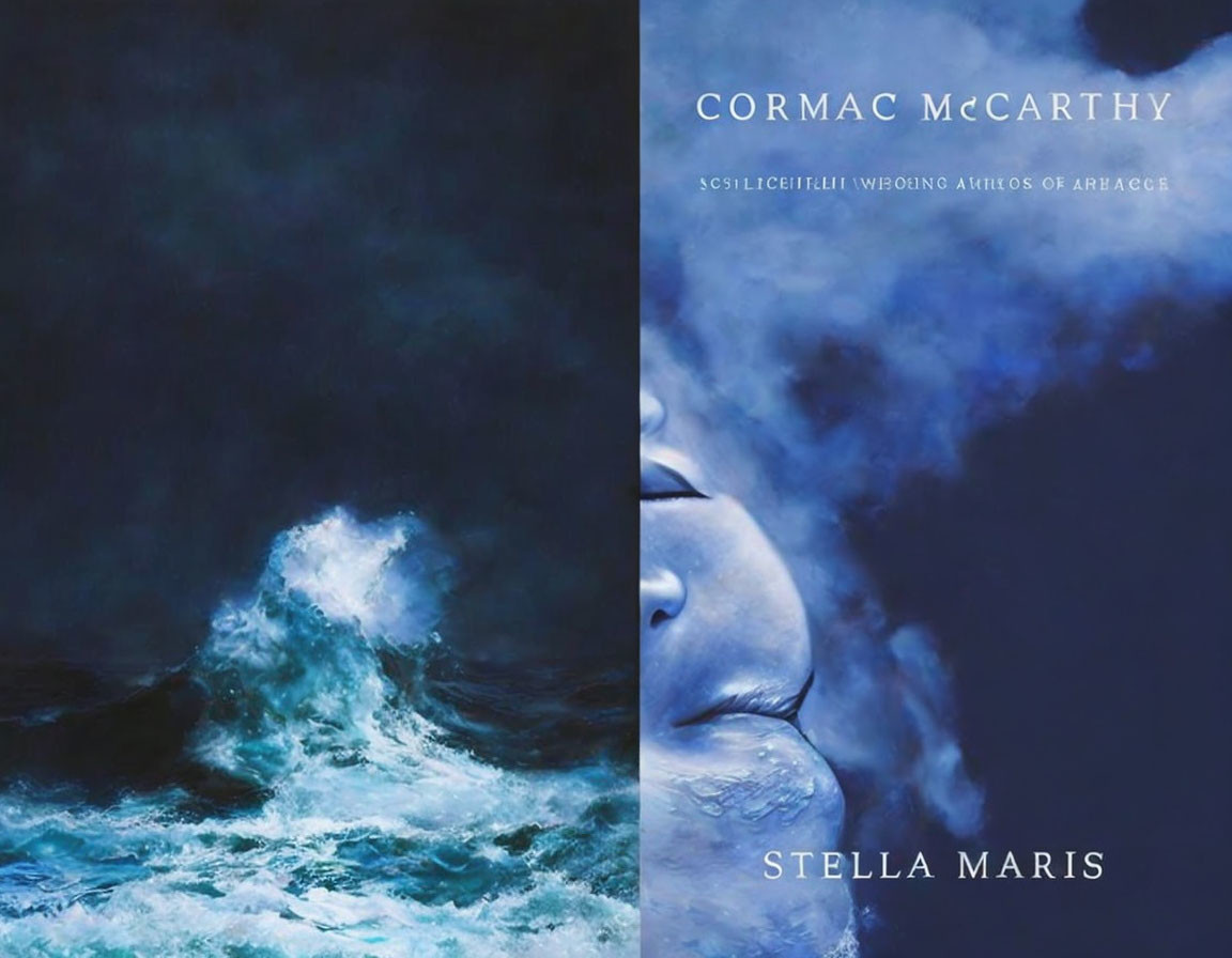 Ocean wave and person's face split in image with text "CORMAC McCARTHY, STE