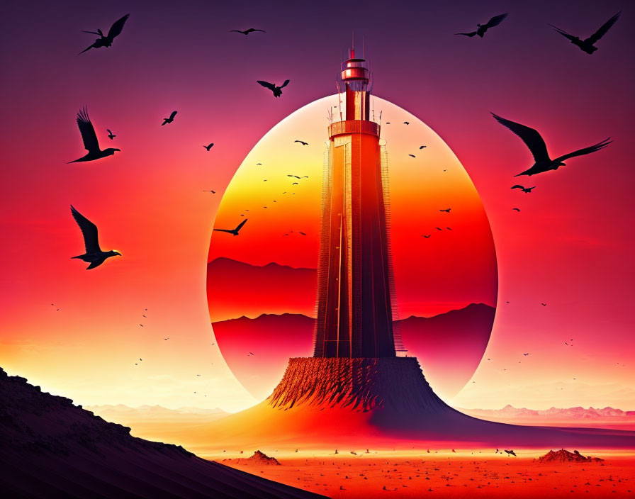 Lighthouse on elevated land at vibrant sunset with flying birds