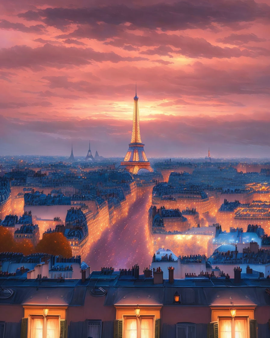 Vibrant Paris sunset with Eiffel Tower in dramatic sky